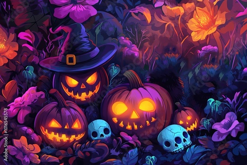 halloween pumpkins and autumn leaves pattern, holiday illustration, textures, wallpapers 