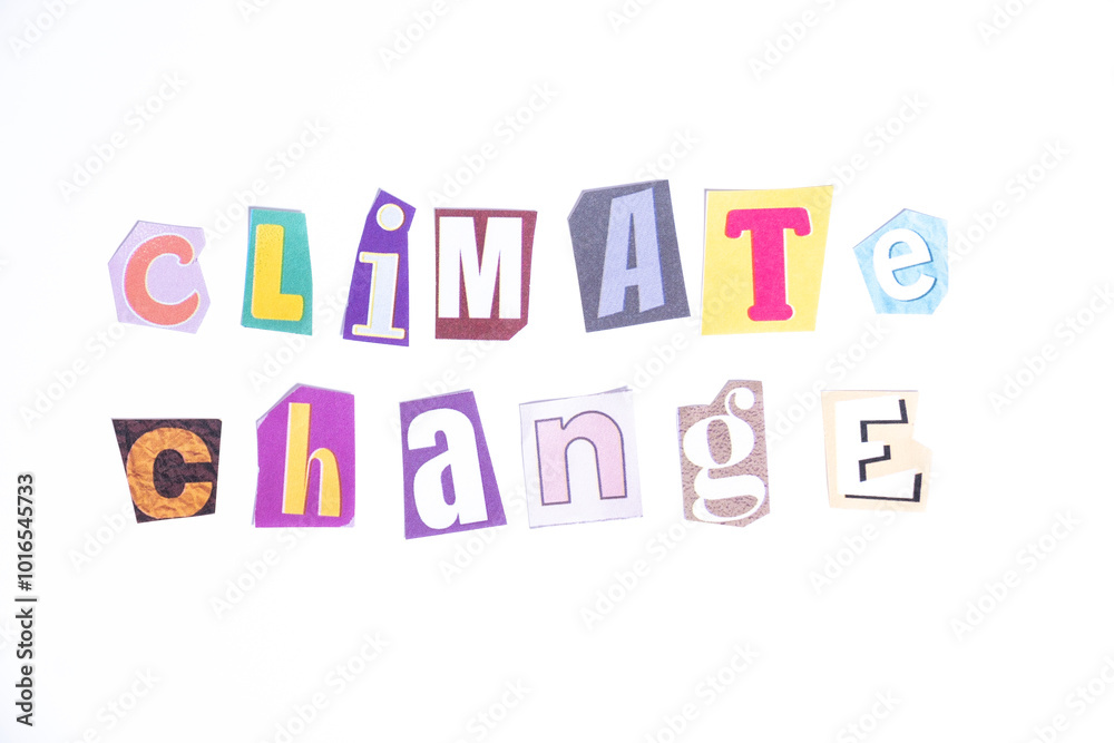 Phrase Climate Change spelled in cut out newspaper style typography isolated on white background. Phrase Climate Change spelled in cut out newspaper style typography isolated on white background.