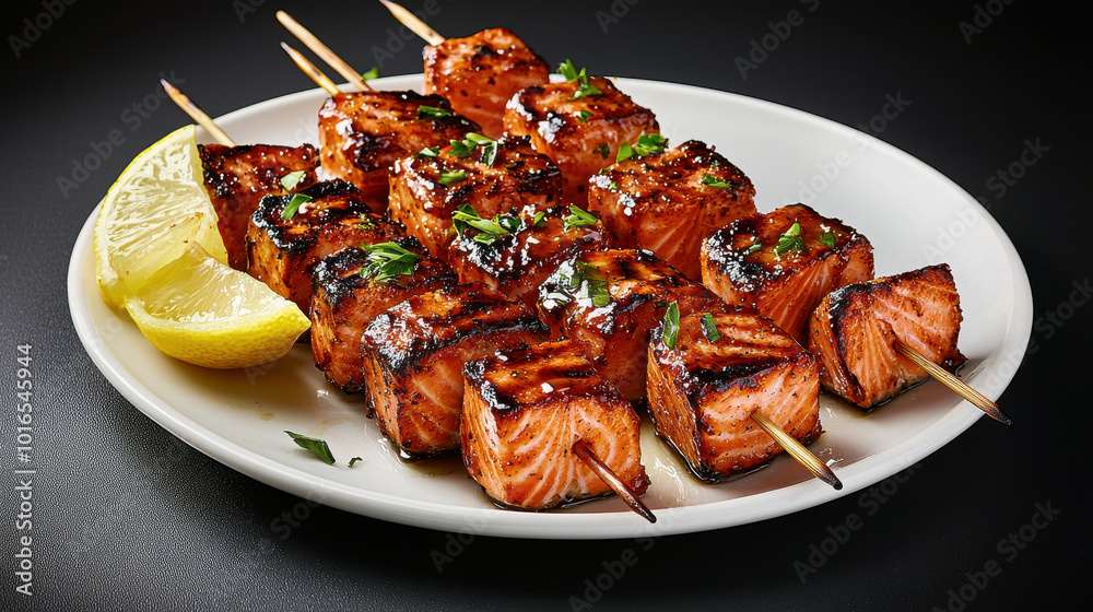 Grilled salmon skewers with citrus glaze are beautifully arranged on white plate, garnished with fresh herbs and served with lemon wedges. This dish is perfect for flavorful meal Grilled salmon skewers with citrus glaze are beautifully arranged on white plate, garnished with fresh herbs and served with lemon wedges. This dish is perfect for flavorful meal