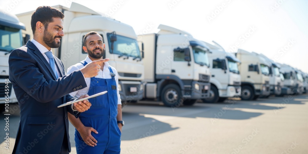 Indian Businessman and Mechanic Discussing Truck Fleet Management Solutions Indian Businessman and Mechanic Discussing Truck Fleet Management Solutions