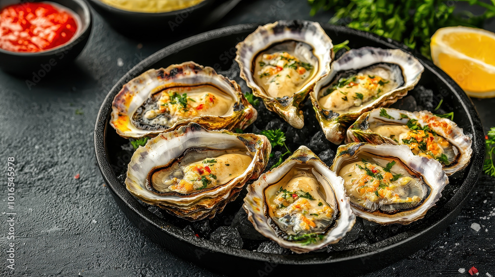 Grilled oysters served on platter, garnished with herbs and spices, create delightful culinary experience. Accompanied by sauces and lemon, they are perfect for sharing Grilled oysters served on platter, garnished with herbs and spices, create delightful culinary experience. Accompanied by sauces and lemon, they are perfect for sharing