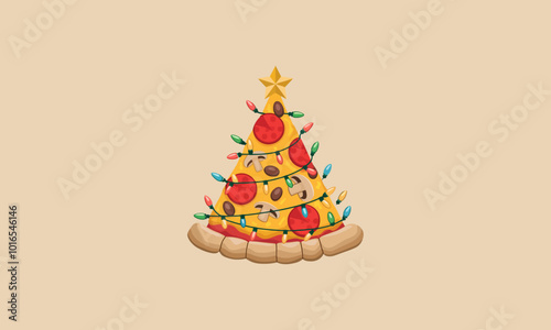 Pizza slice shaped like a Christmas tree with lights