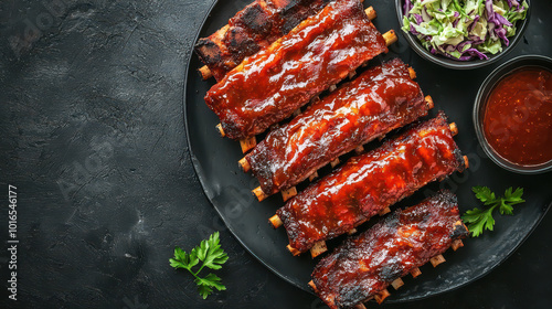 Delicious grilled pork ribs coated in smoky barbecue sauce, served with coleslaw and dipping sauce, perfect for hearty meal