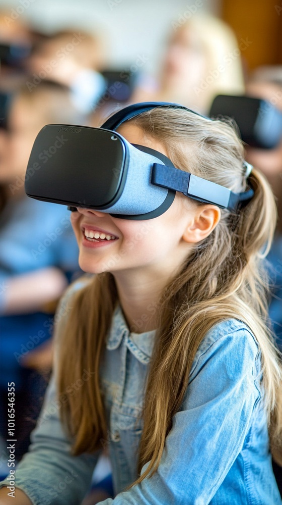 Young student experiencing virtual reality with a VR headset in classroom, smiling with excitement as she explores digital worlds during lesson. Young student experiencing virtual reality with a VR headset in classroom, smiling with excitement as she explores digital worlds during lesson.