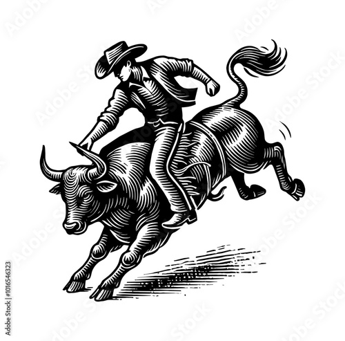 cowboy rodeo bull engraving black and white outline