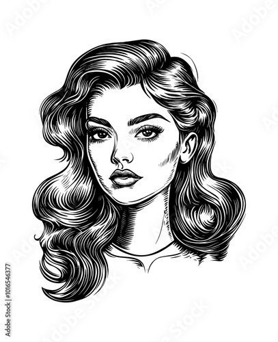 elegant beautiful woman engraving black and white outline