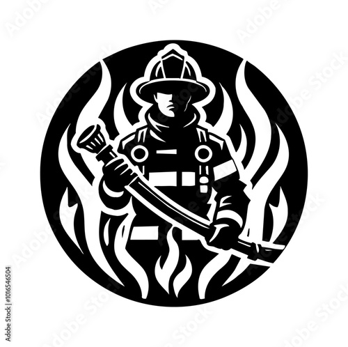 firefighter engraving black and white outline