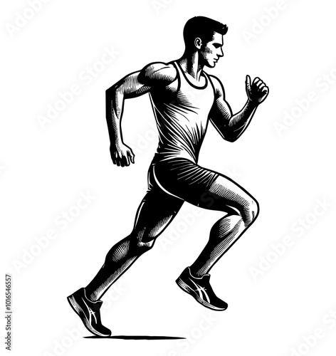 man running engraving black and white outline