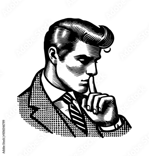 man wear suit and do silence hand gesture engraving black and white outline
