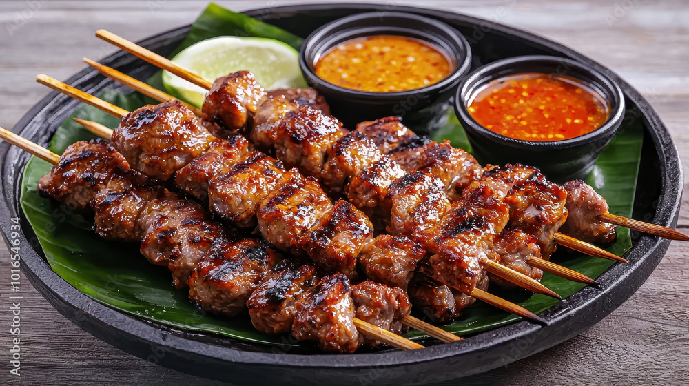 Delicious grilled pork skewers served on banana leaf with dipping sauces, garnished with lime. Perfect for savory meal or snack Delicious grilled pork skewers served on banana leaf with dipping sauces, garnished with lime. Perfect for savory meal or snack