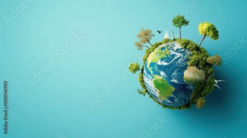 Fototapeta Naklejka Na Ścianę i Meble -  Sustainable planet Earth surrounded by green trees and wind turbines, eco-friendly renewable energy and environment conservation concept, clean world minimal background.