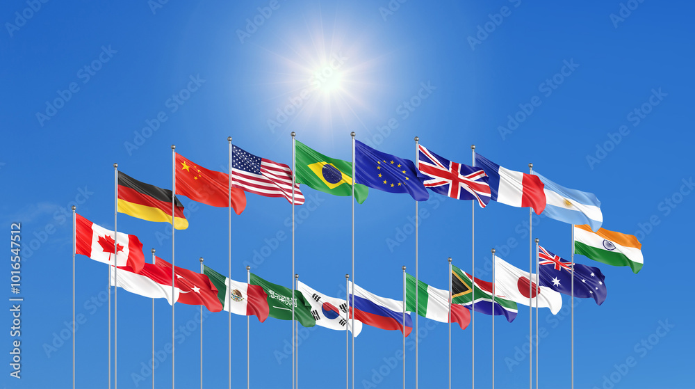 G20 Rio de Janeiro summit, November 2024, Brazil. Sky background. 3d Illustration. G20 Rio de Janeiro summit, November 2024, Brazil. Sky background. 3d Illustration.