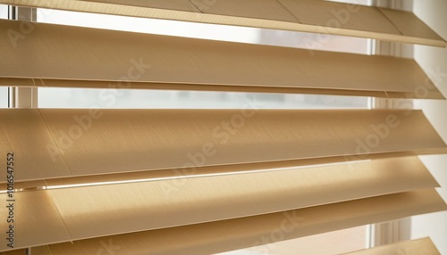 Sunlight filters through venetian blinds casting stripes on warm interior 5