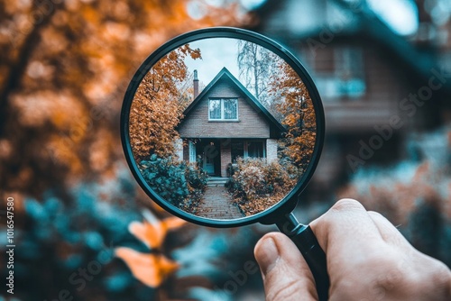 A magnifying glass being held by a person, with a house clearly visible inside the lens. The house is the focal point, symbolizing a precise and dedicated search for the perfect real estate property photo