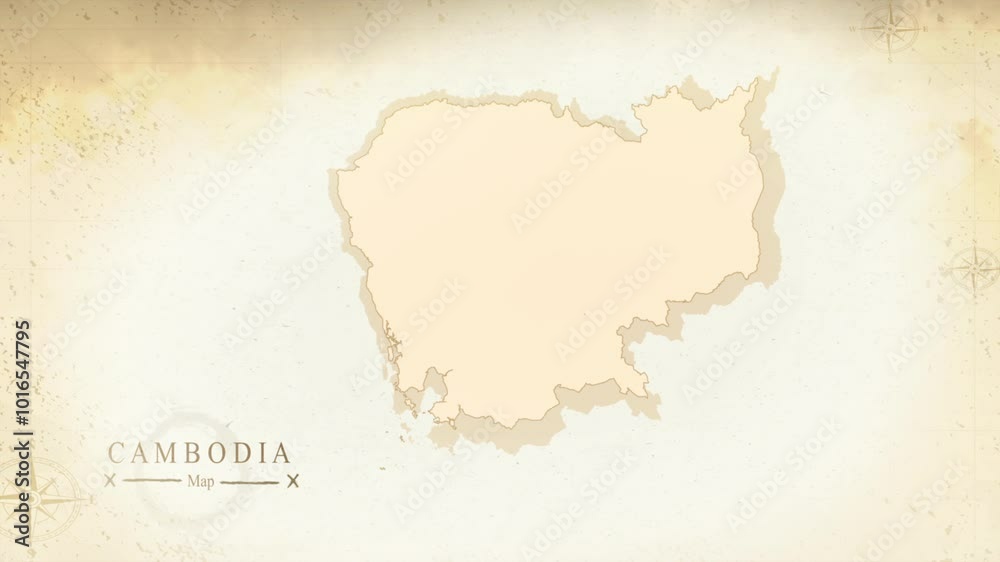 Map of Cambodia in the old style, brown graphics in retro fantasy style, perfect for intro or video presentation. High quality 4K video. Map of Cambodia in the old style, brown graphics in retro fantasy style, perfect for intro or video presentation. High quality 4K video.