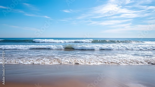 A calm ocean scene with gentle waves and a clear blue sky.