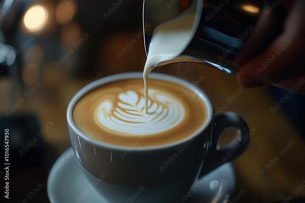 A barista pouring milk into a latte, the foam slowly mixing in with the coffee in an elegant slow motion A barista pouring milk into a latte, the foam slowly mixing in with the coffee in an elegant slow motion