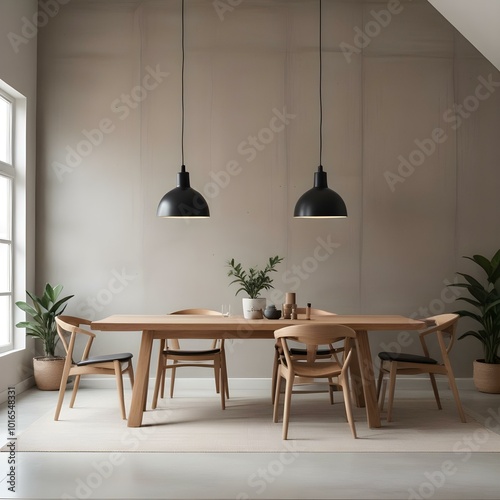 A modern and minimalist dining room with a large wooden table surrounded by wooden chairs.