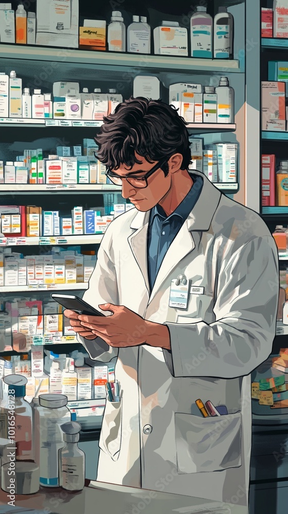 Dedicated pharmacist in white coat checks digital device while standing before shelves stocked with various medications, ensuring accuracy in modern pharmacy. Dedicated pharmacist in white coat checks digital device while standing before shelves stocked with various medications, ensuring accuracy in modern pharmacy.