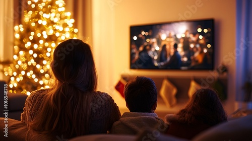 Cozy Family Watching a Virtual Holiday Concert Together in Festive Living Room
