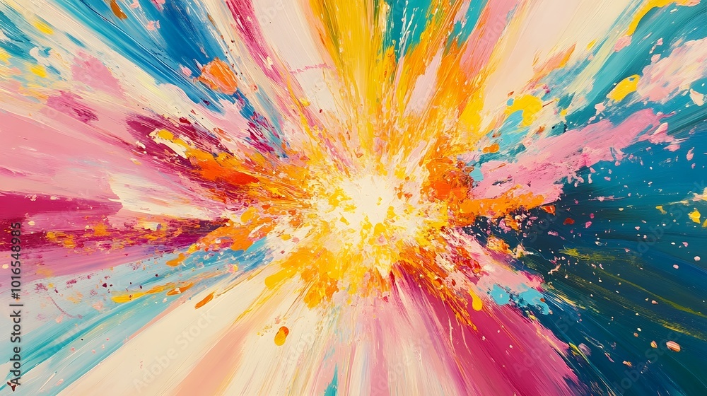 Obraz premium A chaotic explosion of colors, with bright streaks of yellow, pink, and blue flying outward.