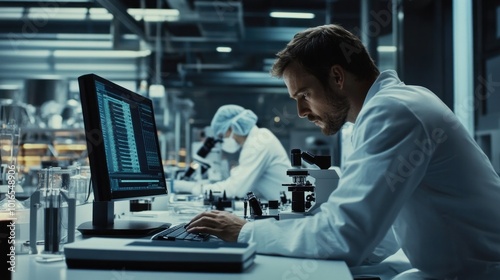 Industrial engineer in sterile overalls focuses on desktop computer behind him Scientist working with microscope develop advanced technology