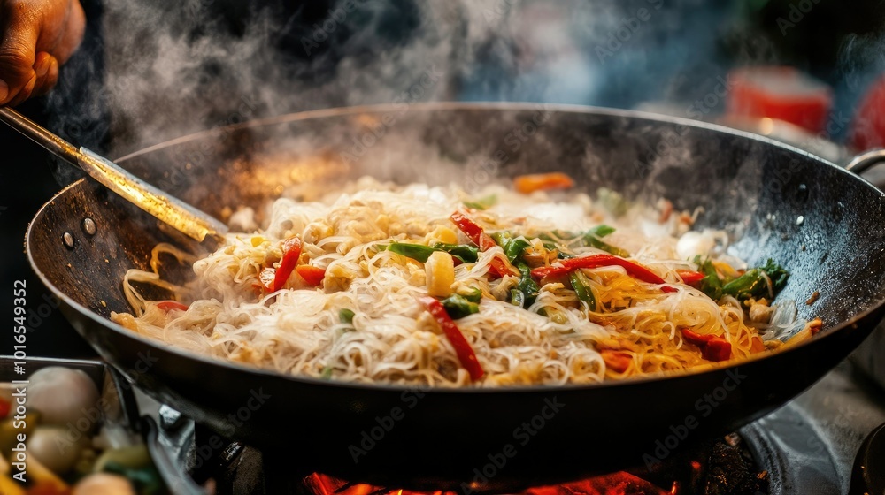 Street food vendor stir-frying a large portion of bee hoon in a metal wok, surrounded by ingredients and vibrant colors Street food vendor stir-frying a large portion of bee hoon in a metal wok, surrounded by ingredients and vibrant colors