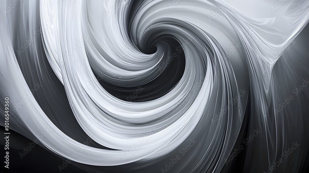 A clean, abstract swirl, in shades of grey and white, on a black background.


