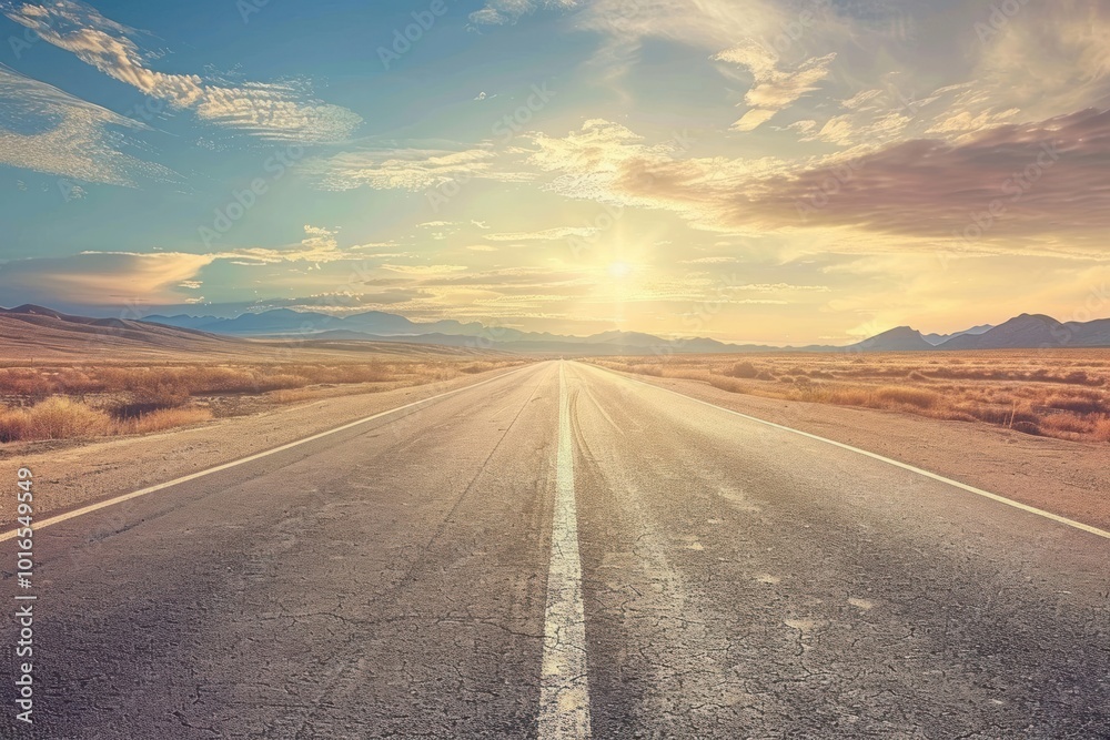 Photo of an empty asphalt road in the desert with a beautiful sky outdoors horizon freeway. Photo of an empty asphalt road in the desert with a beautiful sky outdoors horizon freeway.