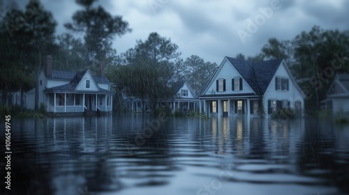 A flooded neighborhood under a cloudy sky, showcasing homes partially submerged in water.