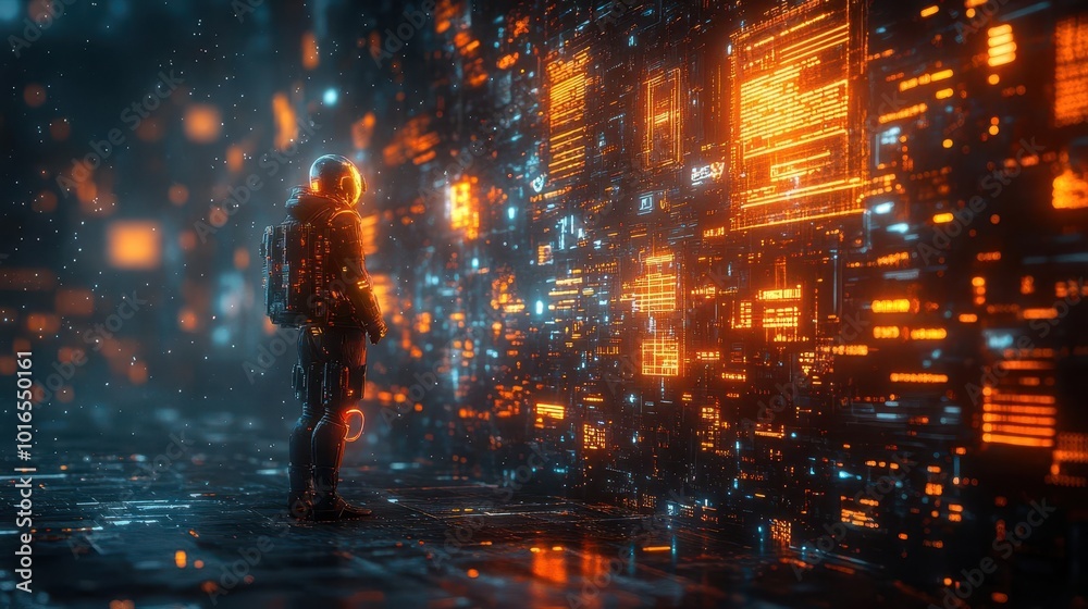 tiny humanoid figure interacting with a complex web of glowing circuits and digital data streams set against a futuristic backdrop with holographic displays tiny humanoid figure interacting with a complex web of glowing circuits and digital data streams set against a futuristic backdrop with holographic displays