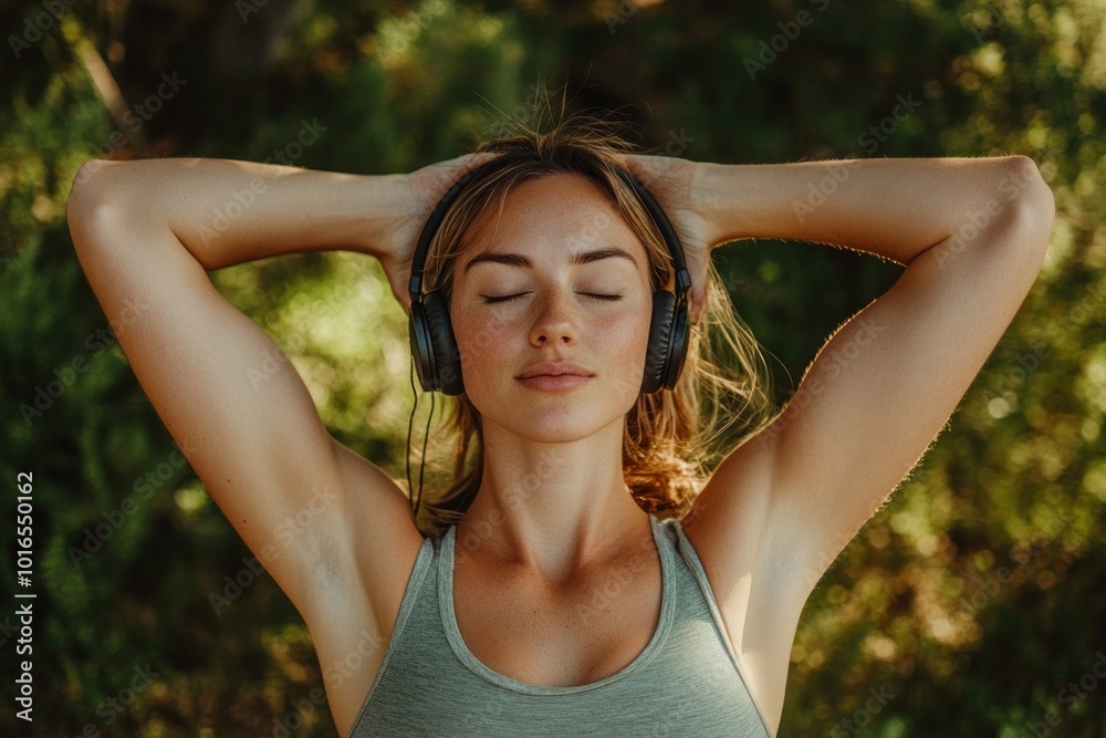 Slim Caucasian woman wearing headphones Stretch your muscles outdoors before exercising. Shows good hygiene. Slim Caucasian woman wearing headphones Stretch your muscles outdoors before exercising. Shows good hygiene.