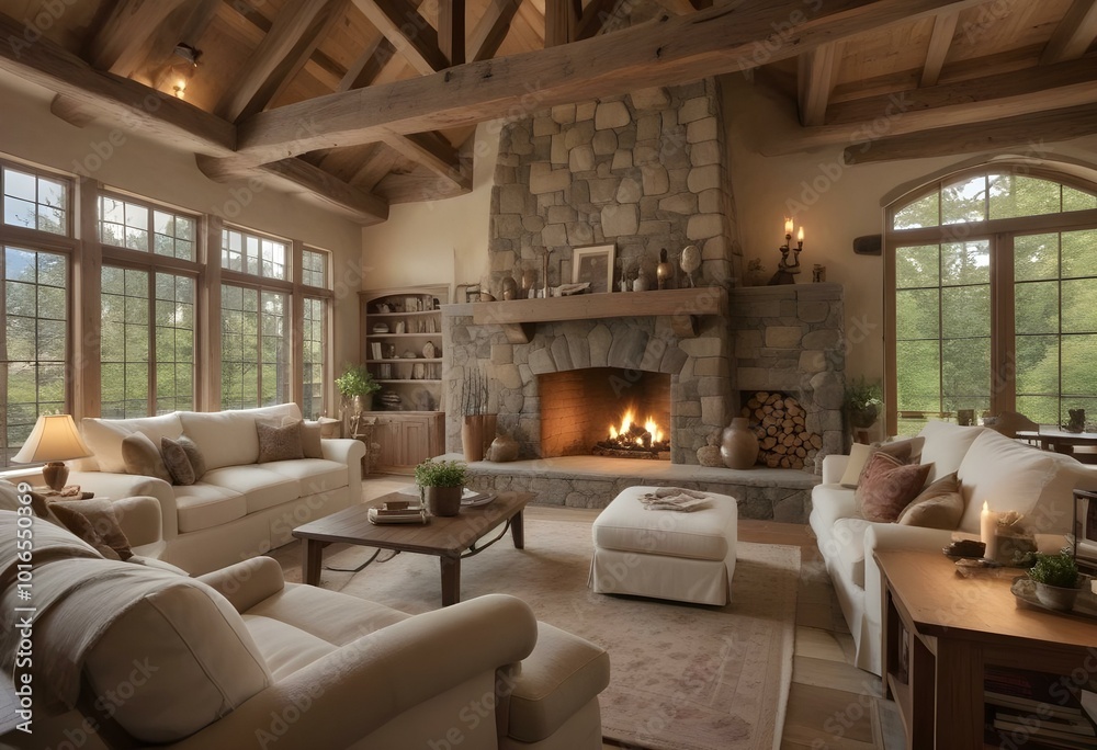 A cozy and rustic living room with a large stone fireplace, wooden beams, and plush white sofas. A cozy and rustic living room with a large stone fireplace, wooden beams, and plush white sofas.