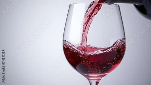 A slow motion shot of wine being poured into a glass, the liquid swirling and forming bubbles