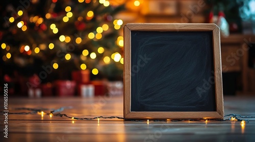 Lavagna quadrata posizionata su un pavimento di legno. Intorno atmosfera natalizia, albero di Natale sullo sfondo photo