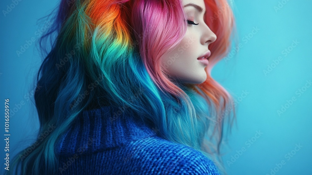 Profile view of a woman with vibrant rainbow-colored hair against a blue background, showcasing creative hair dyeing techniques and bold self-expression. Profile view of a woman with vibrant rainbow-colored hair against a blue background, showcasing creative hair dyeing techniques and bold self-expression.