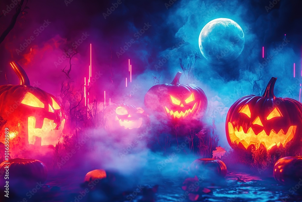 Halloween pumpkins in an otherworldly environment, illuminated by neon lights Halloween pumpkins in an otherworldly environment, illuminated by neon lights