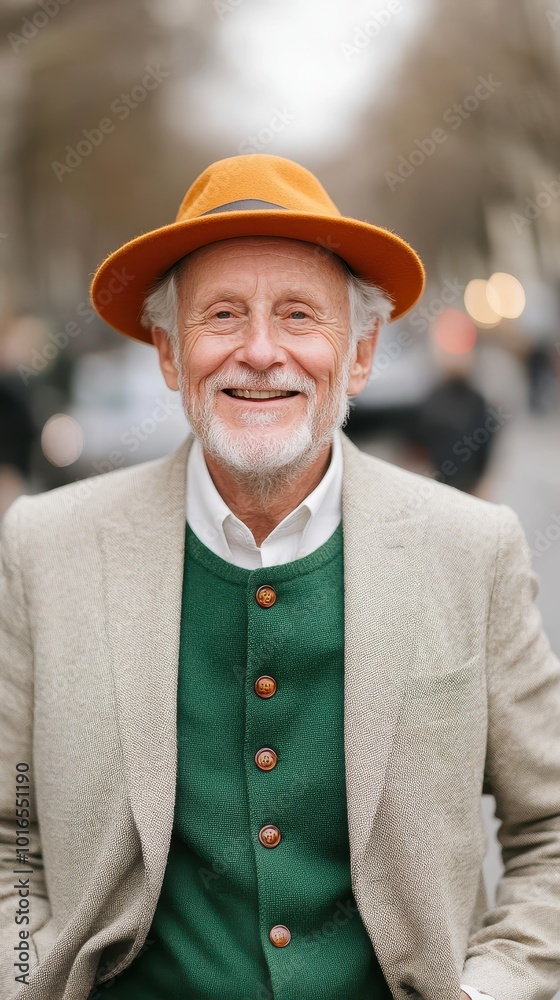 Dapper Senior Gentleman Smiling Confidently in Urban Setting Dapper Senior Gentleman Smiling Confidently in Urban Setting