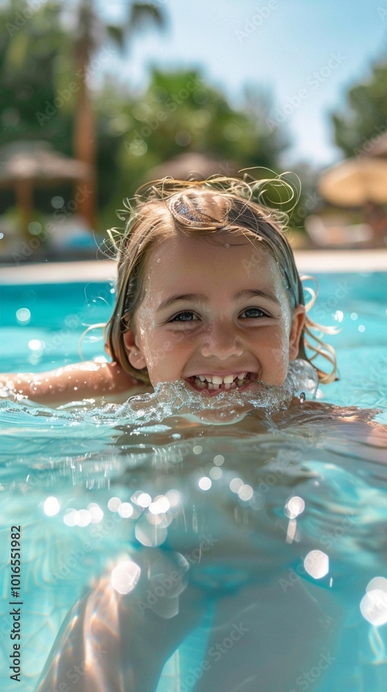 Joyful child enjoying a sunny day in the pool, with a bright smile and sparkling water droplets creating a magical summer atmosphere of fun and relaxation. Joyful child enjoying a sunny day in the pool, with a bright smile and sparkling water droplets creating a magical summer atmosphere of fun and relaxation.