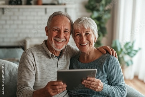 A cheerful senior couple in their cozy home makes a video call on their tablet, their bright smiles reflecting the joy of staying connected.