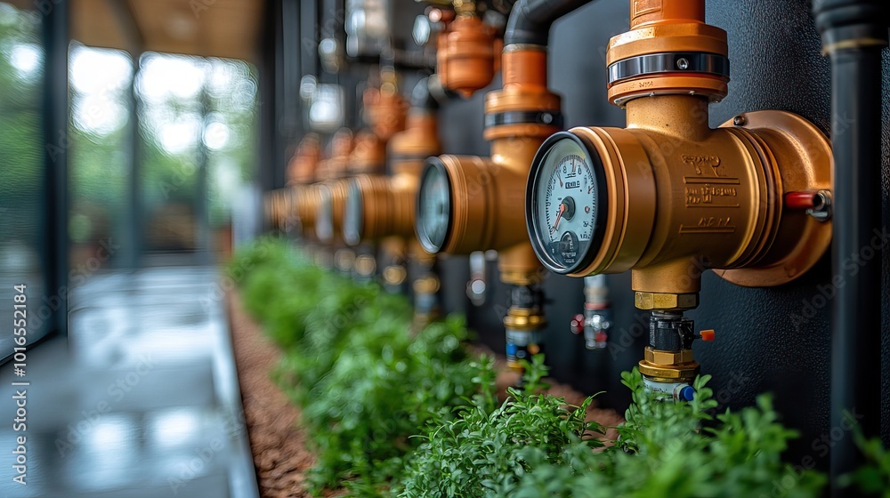 Obraz premium modern water boiler system,expansion vessel the system is designed for efficient heating and is installed on brock wall showcasing its complex network of pipes valves and gauges.illustration