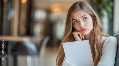 A businesswoman holds her resume, nervously waiting in an office for her job interview.