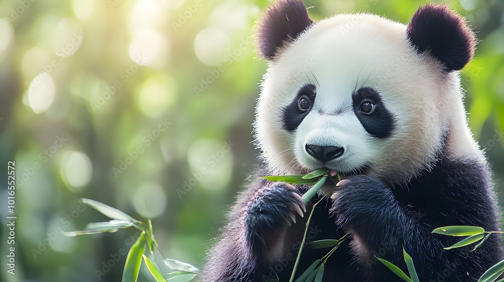 Fototapeta premium A cute panda eating bamboo, with soft pastel colors in the background.