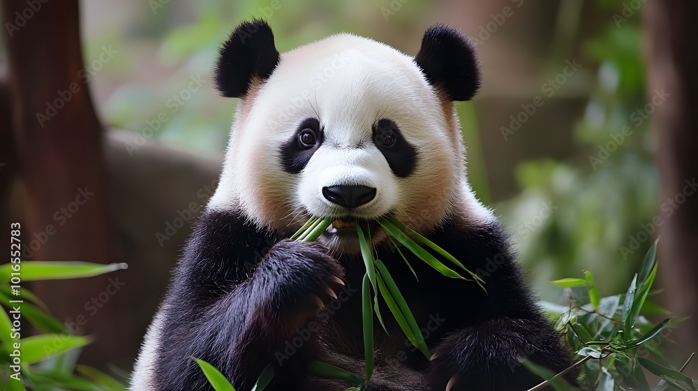Fototapeta premium A cute panda eating bamboo, with soft pastel colors in the background.