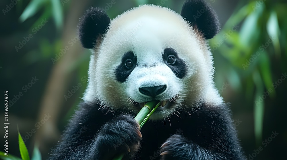 Fototapeta premium A cute panda eating bamboo, with soft pastel colors in the background.