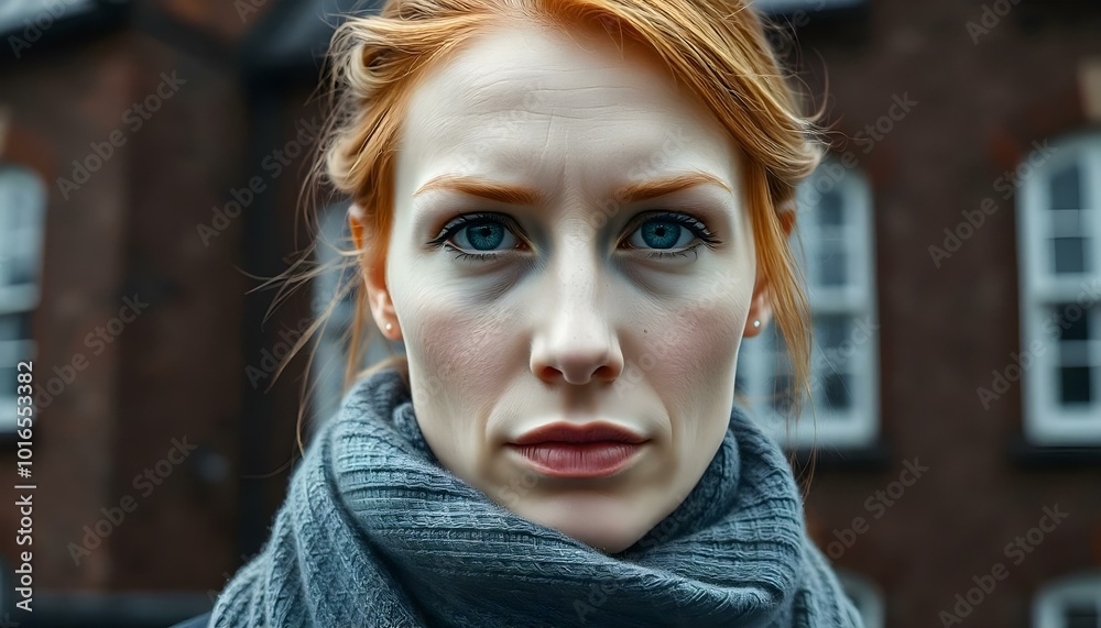 Caucasian woman with red hair and serious look with blurred brick building background Caucasian woman with red hair and serious look with blurred brick building background