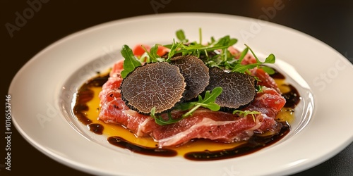 Carpaccio de res finamente laminado con trufas negras, rúcula y un toque de aceite de oliva.