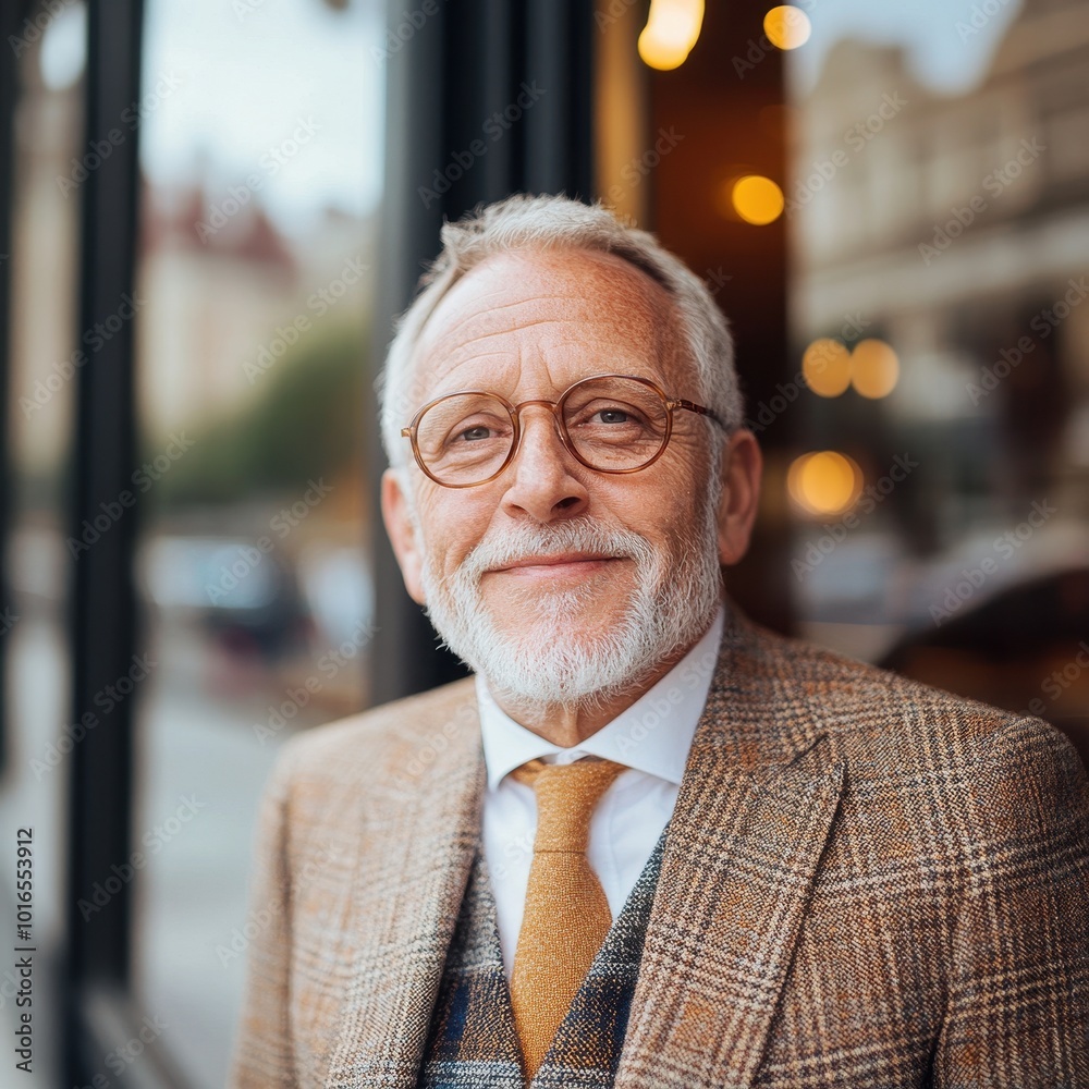 Dapper Senior Gentleman Smiling Confidently Outside Cafe Dapper Senior Gentleman Smiling Confidently Outside Cafe