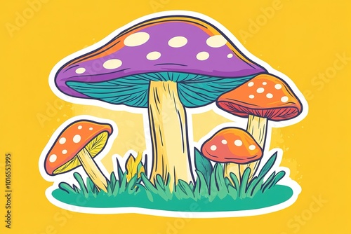 Cartoon style, mushroom kingdom with trippy mushrooms, green grass and purple blue clouds in the background, yellow orange gradient background