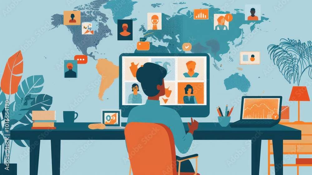 Fototapeta premium A remote worker collaborating with an international team, participating in a video conference with colleagues from different continents.